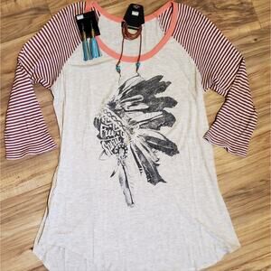 Woman's Free Spirit Indian headdress top w/ striped sleeves Long length sz.L